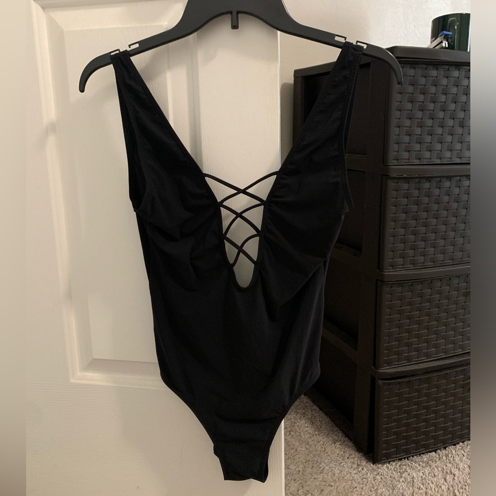 Tory Burch Black Lace Up Deep V-Neck One Piece Swimsuit